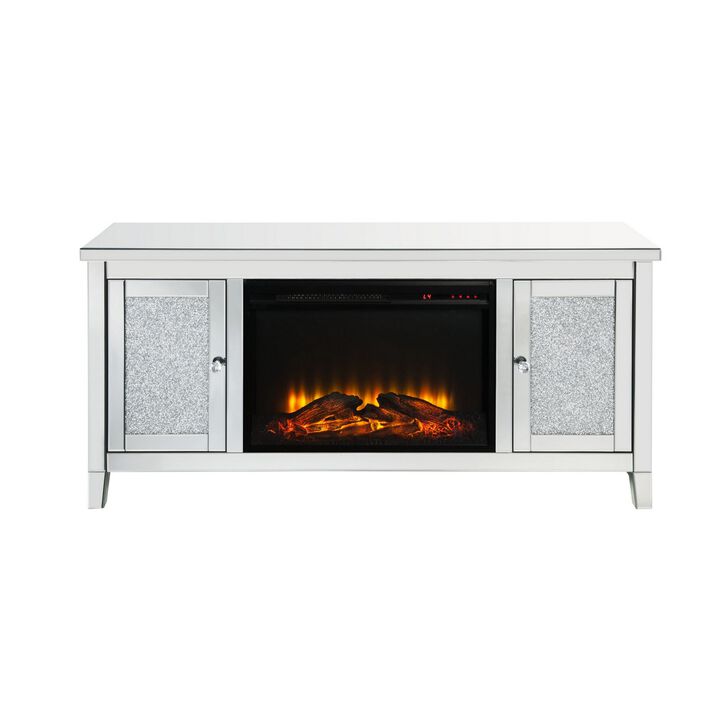 TV Stand with Electric Fireplace and Mirror Panel Framing, Silver