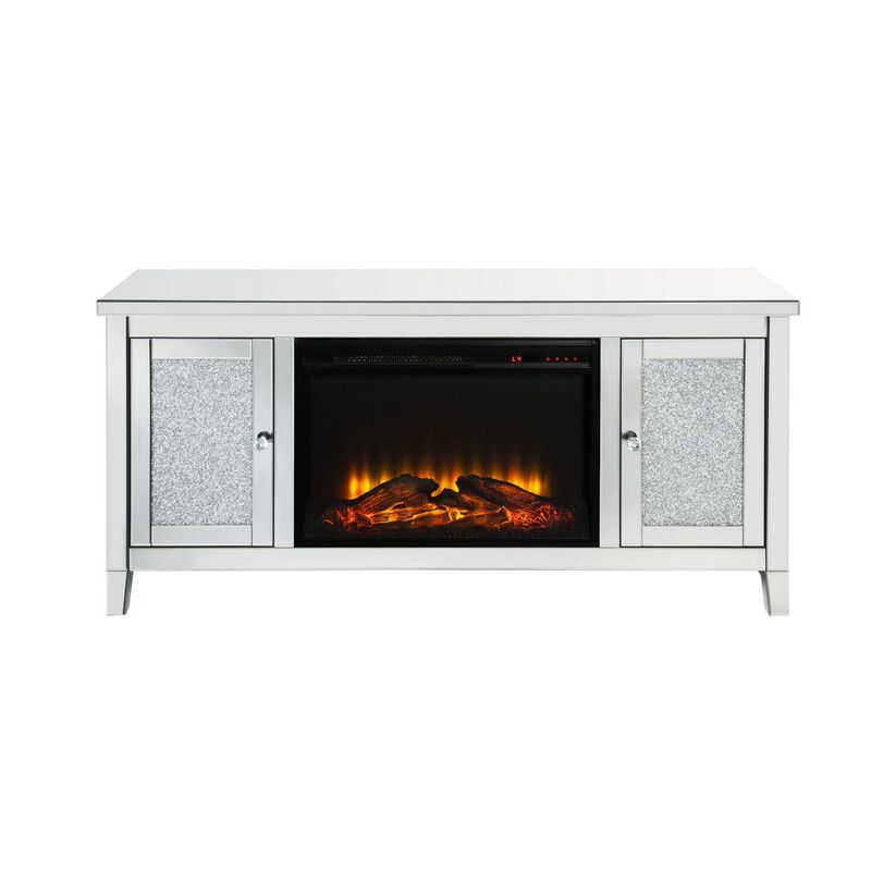 TV Stand with Electric Fireplace and Mirror Panel Framing, Silver