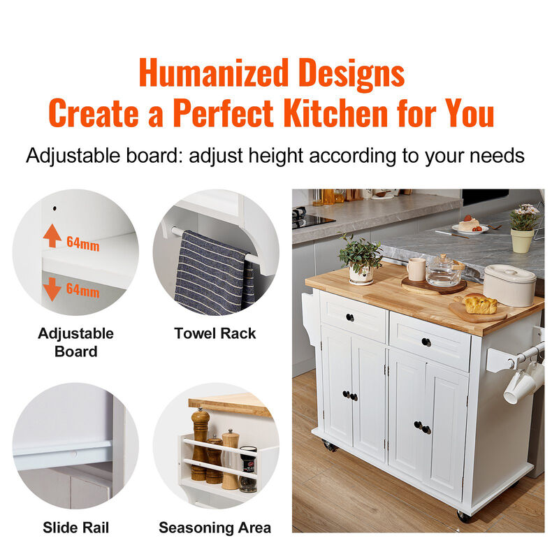 Rolling Kitchen Island Cart with Wood Top, Drawer, Cabinet, Spice & Towel Rack