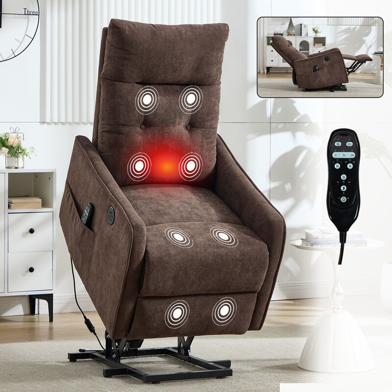 Chenille Single Motor Power Lift Recliner Chair with Heat Massage and USB Charging for Elderly
