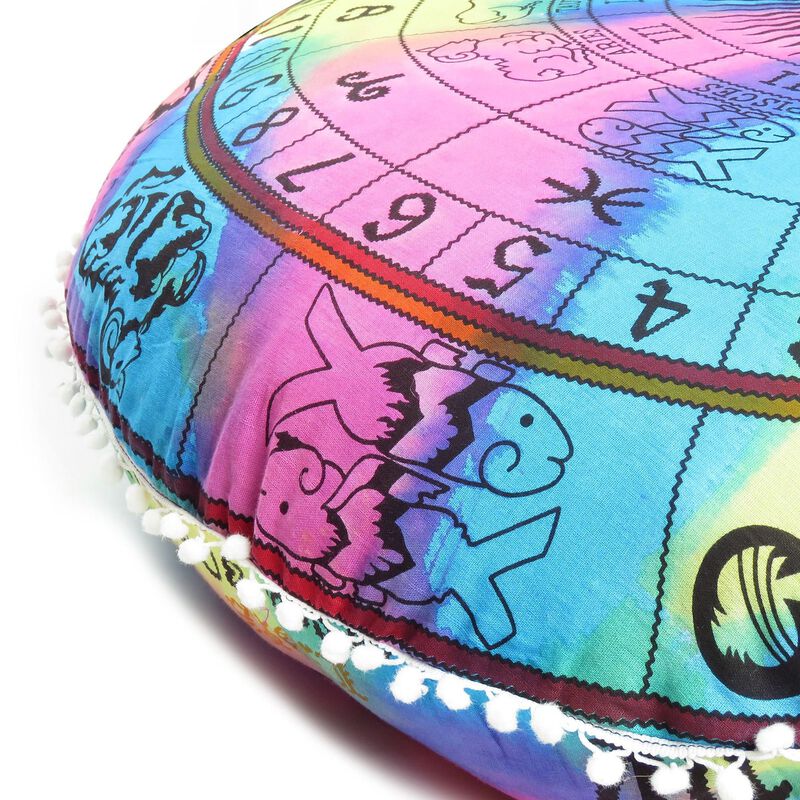 HomeRoots 32" Blue And Pink Floor Round Horoscope Throw Pillow Cover with Pompoms image number 5
