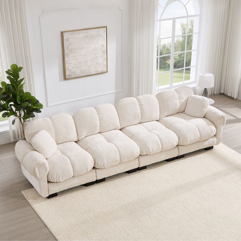 Chenille Cloud 4-Seater Sofa,Exquisite pillows and quilted back cushions,Soft padded armrests,Deep Seat Sofa Couch For Living Room-Orange image number 2