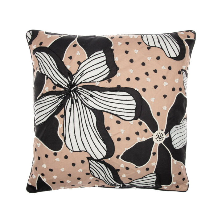 HomeRoots 20" Beige and Black Tropical Throw Pillow With Embroidery
