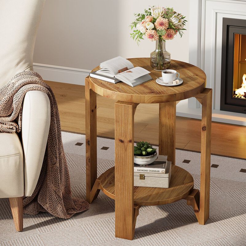 2-Tier Solid Wood Round Sofa Side Table with Storage, End Table Nightstand image number 7