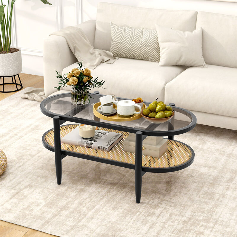 2-Tier Coffee Table with Tempered Glass Tabletop and Acacia Wood Frame
