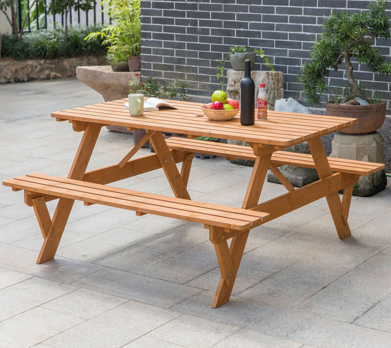 Outdoor Wooden Patio Deck Garden 6-Person Picnic Table, for Backyard, Garden, Stained