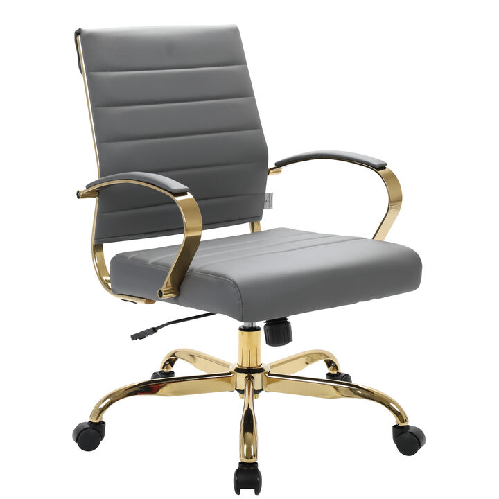 LeisureMod Benmar Leather Office Chair with Gold Accents, Adjustable Height, Swivel Base, Ergonomic Design for Home Office, Study, or Workspace