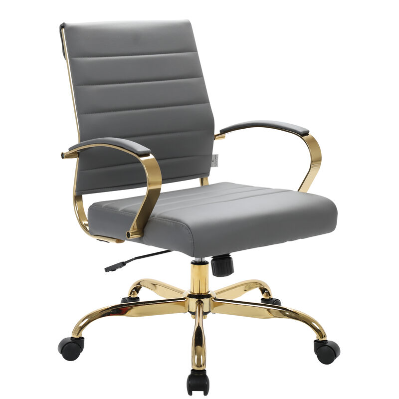 LeisureMod Benmar Leather Office Chair with Gold Accents, Adjustable Height, Swivel Base, Ergonomic Design for Home Office, Study, or Workspace