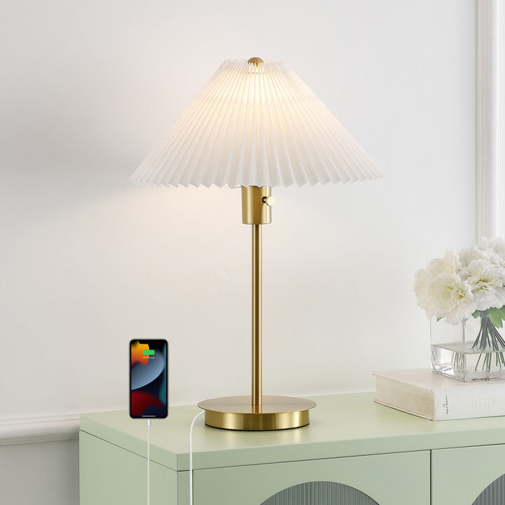 Freida 21.25" Modern Glam Metal Column LED Table Lamp with USB Charging Port and Pleated Shade, Brass Gold/White
