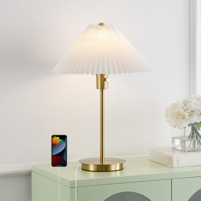 Freida Modern Glam Metal Column LED Table Lamp with USB Charging Port and Pleated Shade