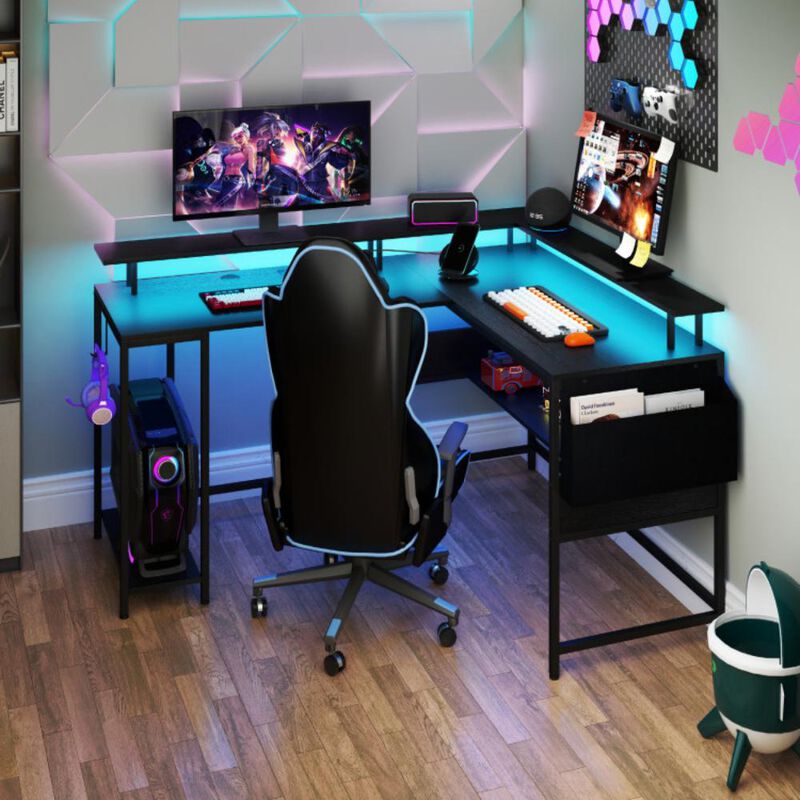 Hivvago L-Shaped Gaming Desk with LED Lights and Power Outlets Home Office Computer Desk