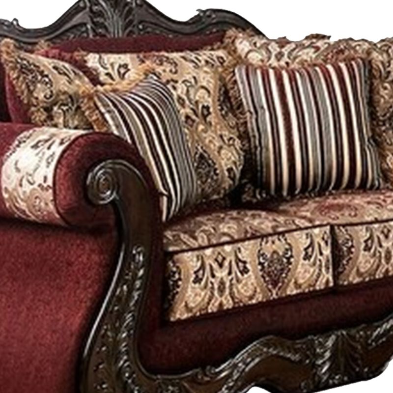 Maty 2pc Sofa Loveseat Set, Burgundy Brown Chenille, 5 Accent Pillows - Benzara image number 3