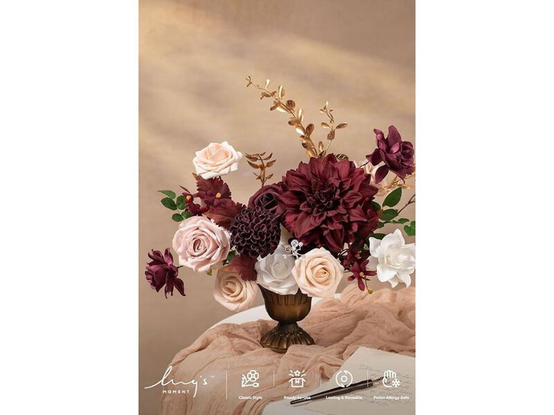 9 Piece Burgundy Artificial Dahlia Flower Stems Wedding Centerpiece Decor image number 2