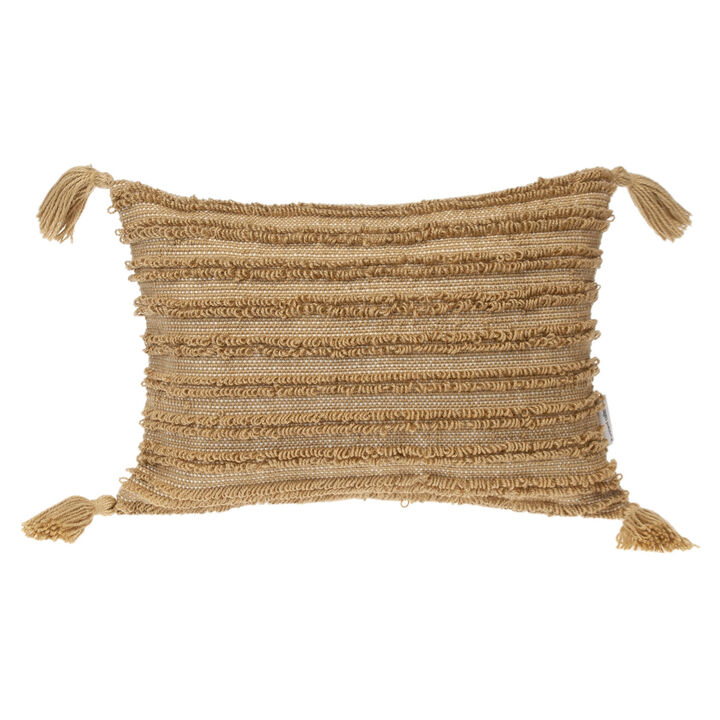 HomeRoots 14" X 20" Beige Striped Cotton Throw Pillow With Tassels