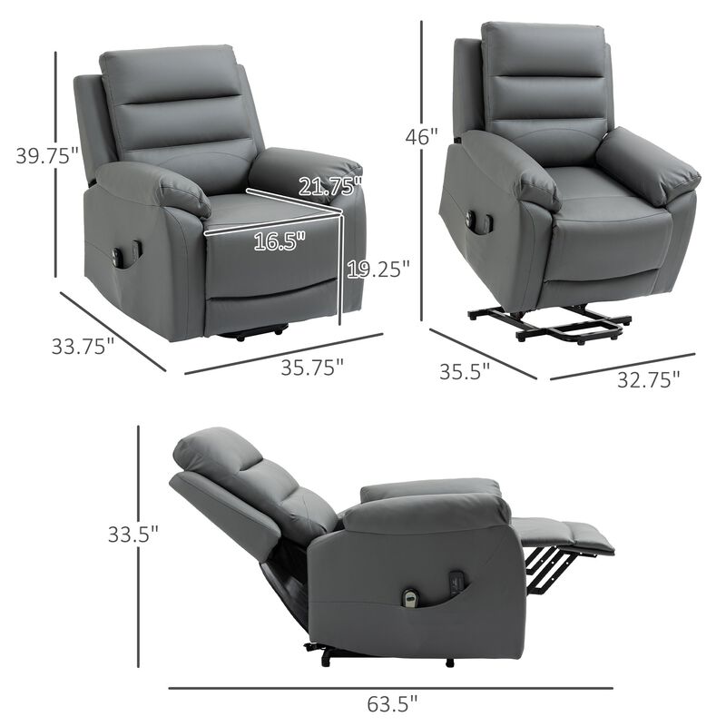 Electric Power Lift Chair for Elderly with Massage, Oversized Living Room Recliner with Remote Control, and Side Pockets, Grey image number 3