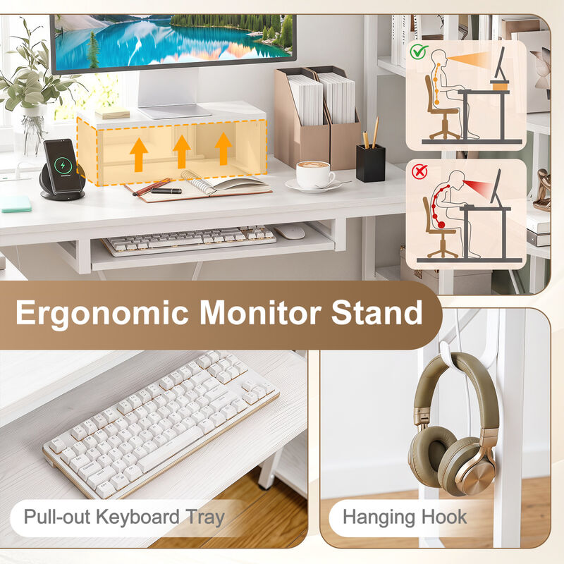 U Shaped Computer Desk with 5 Tier Storage Bookshelf and Keyboard Tray image number 6