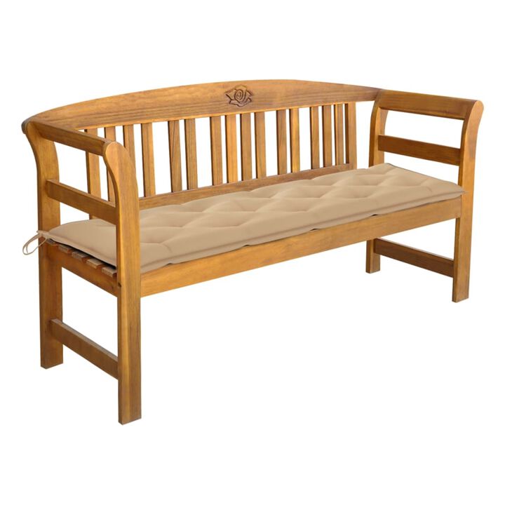 vidaXL Solid Acacia Wood Patio Bench, 61.8" Outdoor Seating Furniture with Comfort Cushioned Beige, Engraved Rose Design, Retro Style, Complementary to Lawn or Garden.