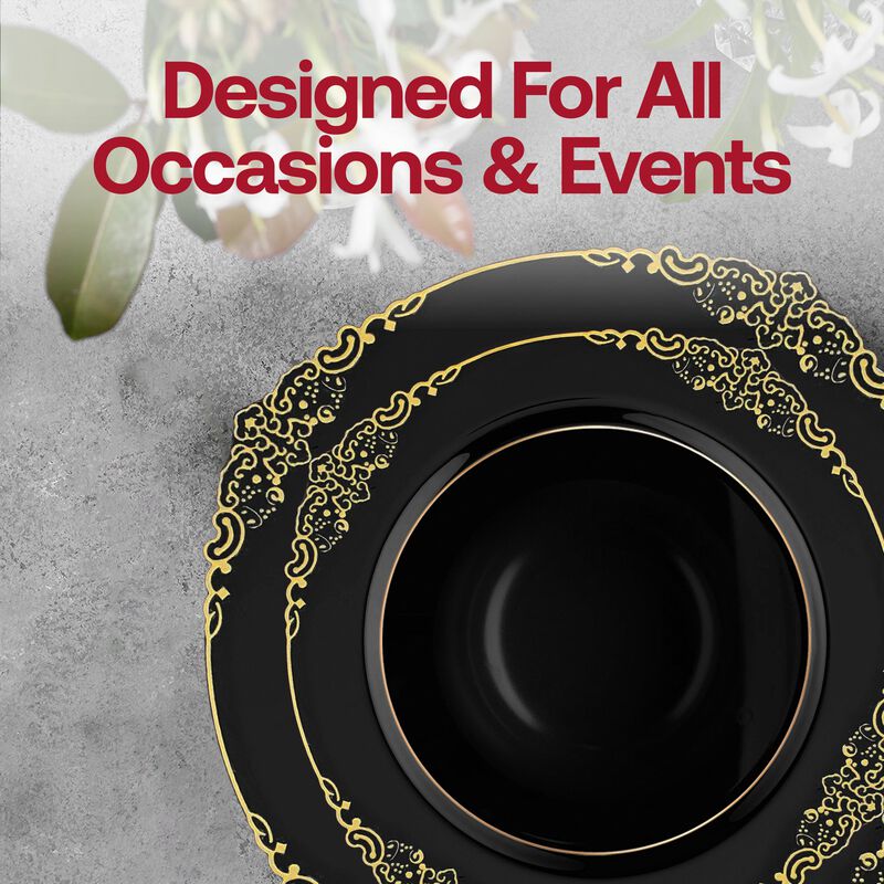 Black with Gold Fancy Round Plastic Tableware Set (60 Sets) image number 7