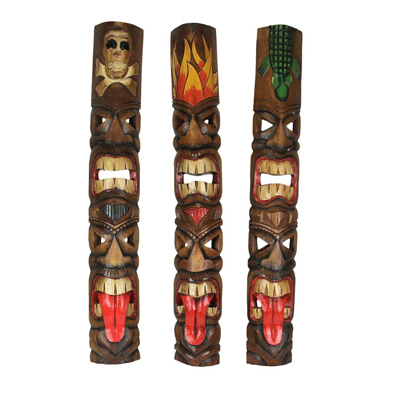 Set of 3 Double Tiki Mask Totem Hand Carved Wall Decor Tribal Sculpture 40 Inch image number 0