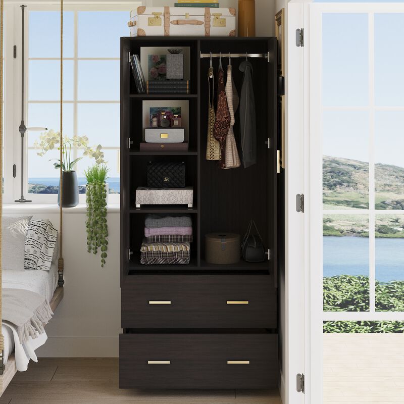 Armoire Wardrobe with Mirror & 2 Drawers, 2-Door Wardrobe with Shelves & Hanging Rod, Gold Metal Handles, for Cloakroom (31.5&rdquo;W x 18.9&rdquo;D x 72&rdquo;H)