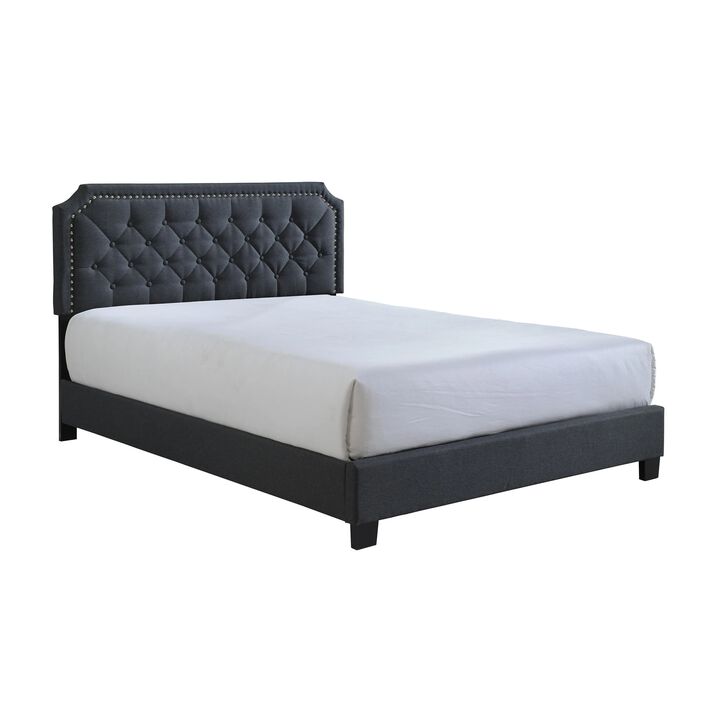 Shiran Queen Size Bed, Tufted Fabric Upholstered Headboard, Wood, Black - Benzara