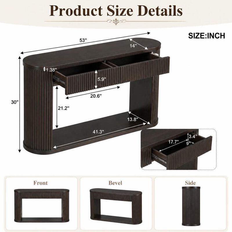 GOODSILO Oval Fluted Console Table with 2 Drawers & Bottom Shelf, Wood Entryway Table with Metal Slides for Living Room Entryway image number 1
