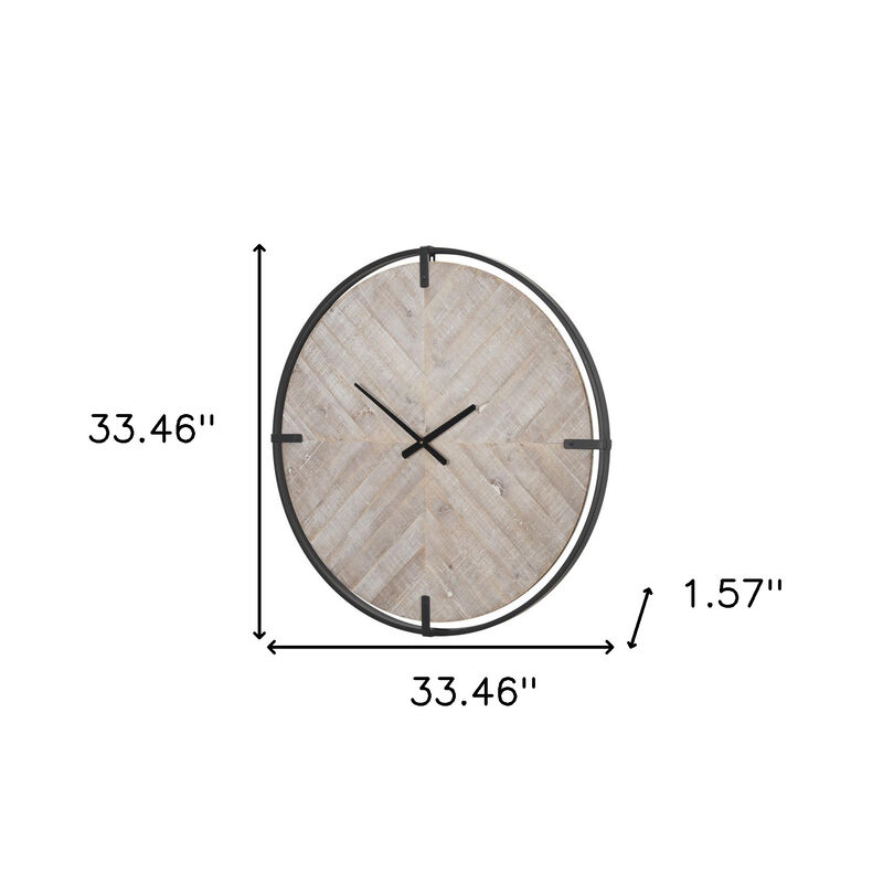 HomeRoots 33" Black And Natural Metal And Solid Wood Analog Distressed Round Wall Clock image number 3