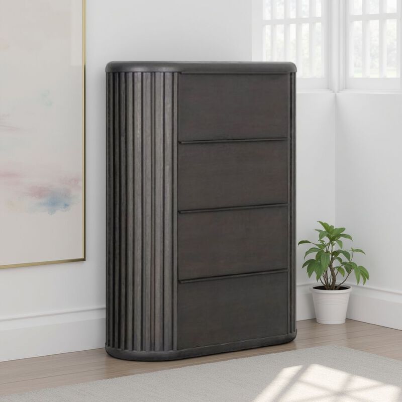 Sheim Tall Dresser Chest, Modern Fluted Reeded Black Solid Acacia Wood - Benzara