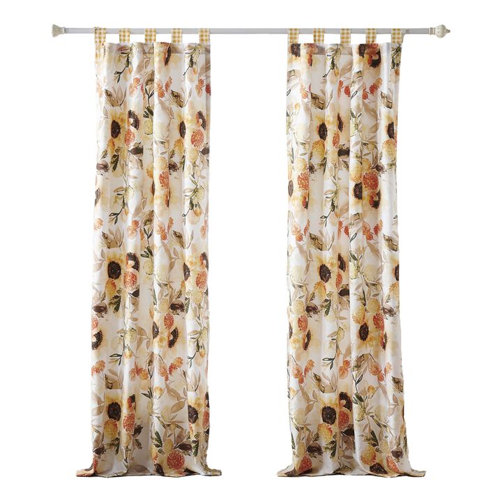Kelsa Set of 2 Panel Curtains with Watercolor Sunflowers, Ruffled, Gold - Benzara