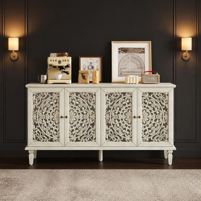 60" Antique Floral Carved Buffet Cabinet image number 2