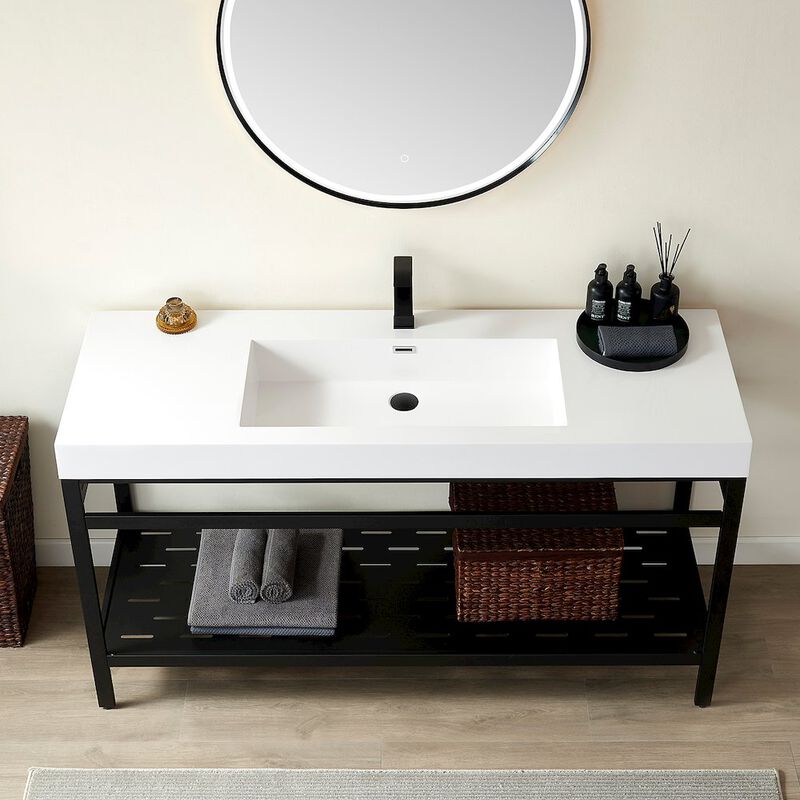 Vinnova Design Rectangular White Finish Composite Granite Stone Console Bathroom Vanity Sink