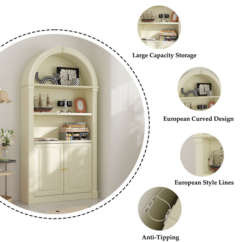 FUFU&GAGA European-Style Arched Top Bookcase, Large Capacity Storage, Plywood Construction, (36.4"W x 10.6"D x 71"H), Ivory White Finish