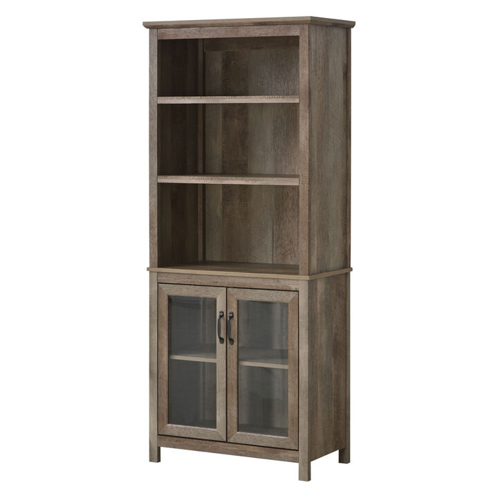HOMCOM 71" Bookcase Storage Hutch Cabinet with Adjustable Shelves and Glass Doors for Home Office, Kitchen, Living Room, Natural Wood