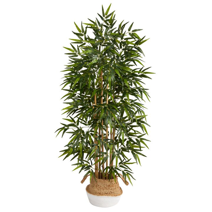 HomPlanti 64 Inches Bamboo Artificial Tree with Natural Bamboo Trunks in Boho Chic Handmade Cotton & Jute White Woven Planter