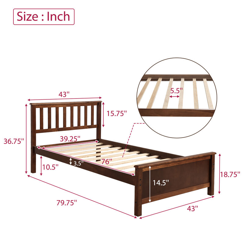 Whisen Twin Size Wood Platform Bed with Headboard, Footboard and Wood Slat Support - Walnut