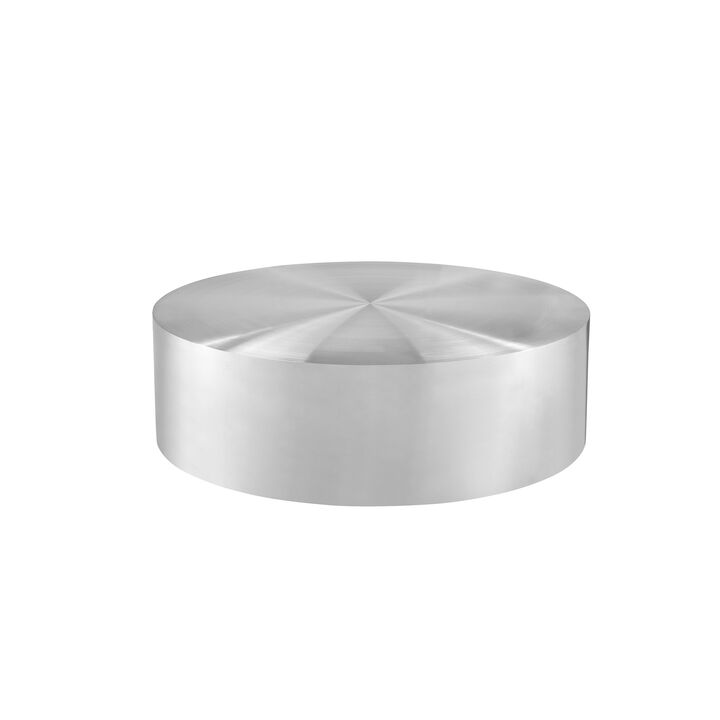 Rano Coffee Table, 40 Inch Round Silver Iron Top, Modern Drum Shape - Benzara