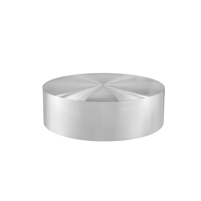 Rano Coffee Table, 40 Inch Round Silver Iron Top, Modern Drum Shape - Benzara image number 0