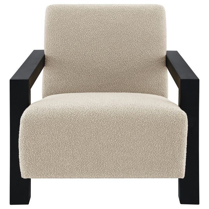 Fitz Accent Chair, Soft Latte Beige Boucle Cushions, Black Wood Arms