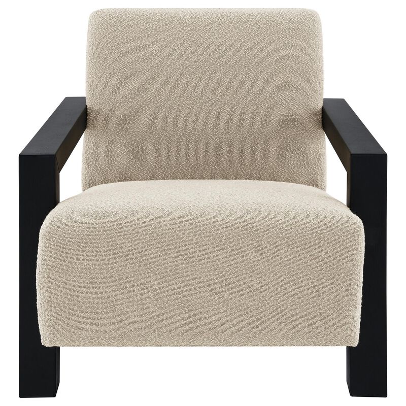 Fitz Accent Chair, Soft Latte Beige Boucle Cushions, Black Wood Arms image number 1