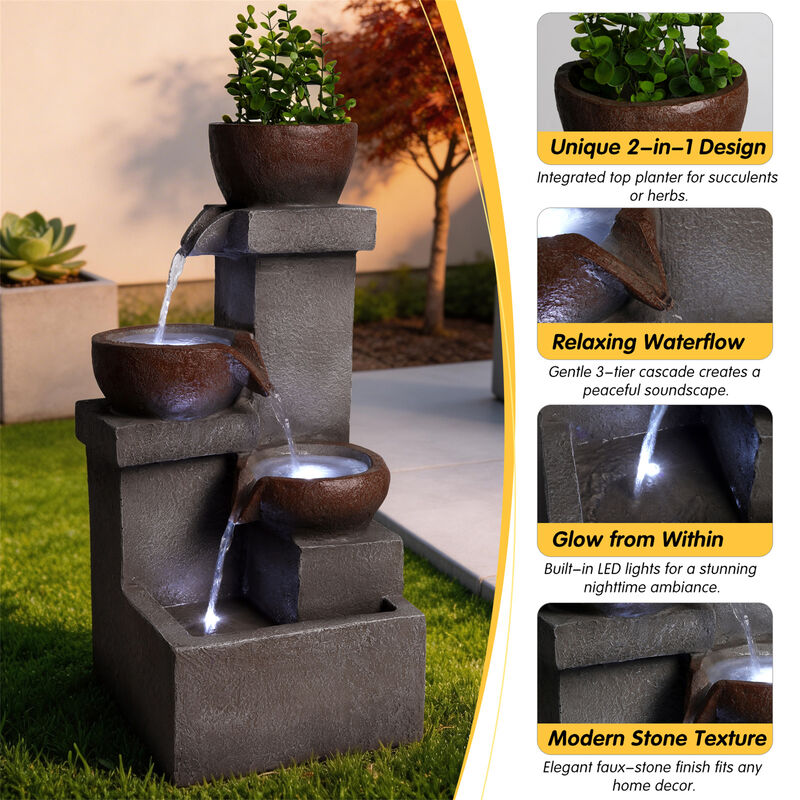 Outdoor Water Fountain Tiered Cascading Jar Waterfall Resin Garden Patio Decor image number 3