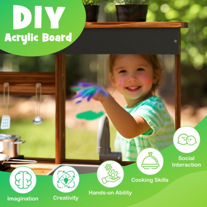 Hivvago Mud Kitchen Fir Wood Play Kitchen with 4 Panting Pots Faucet Removable Sink