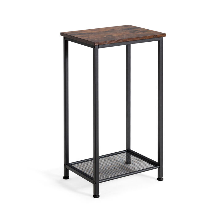 2-Tier Industrial End Table with Metal Mesh Storage Shelves