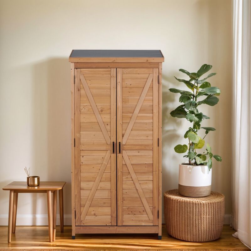 WOW PIONEER Spacious Tall Vertical Outdoor Wooden Storage Shed with Sloped Metal Top for Backyard Garden Patio Lawn Tool and Supply Organization image number 7