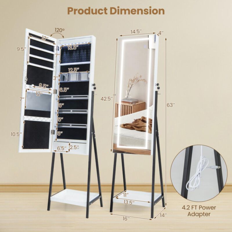 Hivvago LED Standing Jewelry Mirror Cabinet with 3-Color Lighted Full-Length Mirror