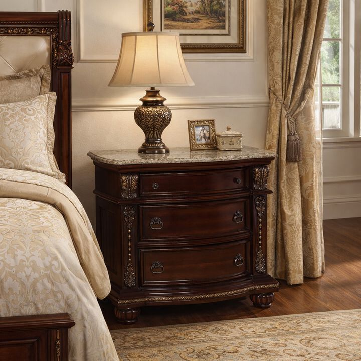 Sany Wooden Nightstand with Three Spacious Drawers and Bun Feet, Cherry Brown - Benzara