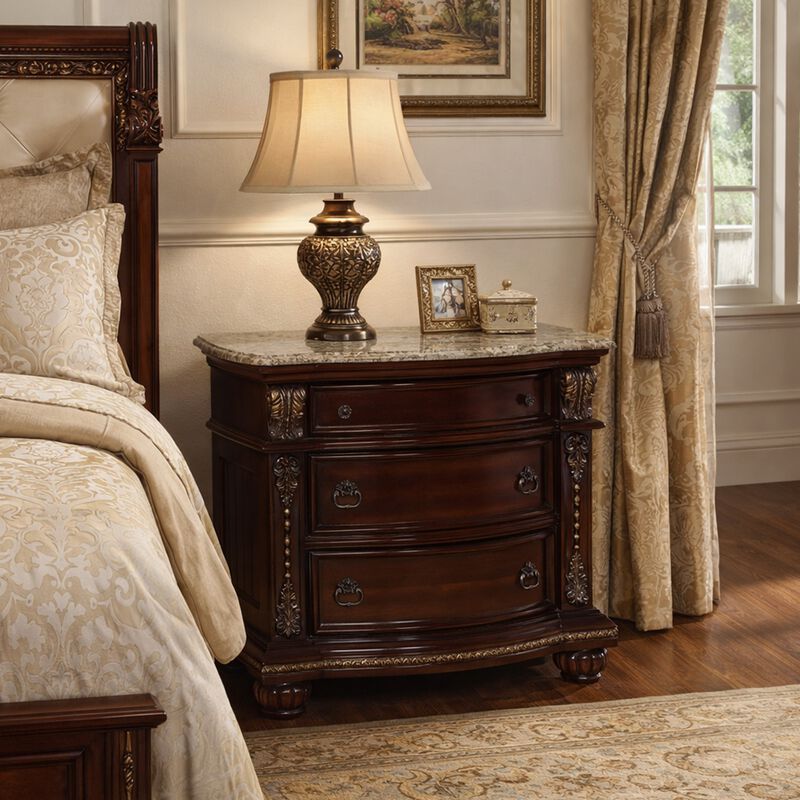 Sany Wooden Nightstand with Three Spacious Drawers and Bun Feet, Cherry Brown - Benzara image number 1