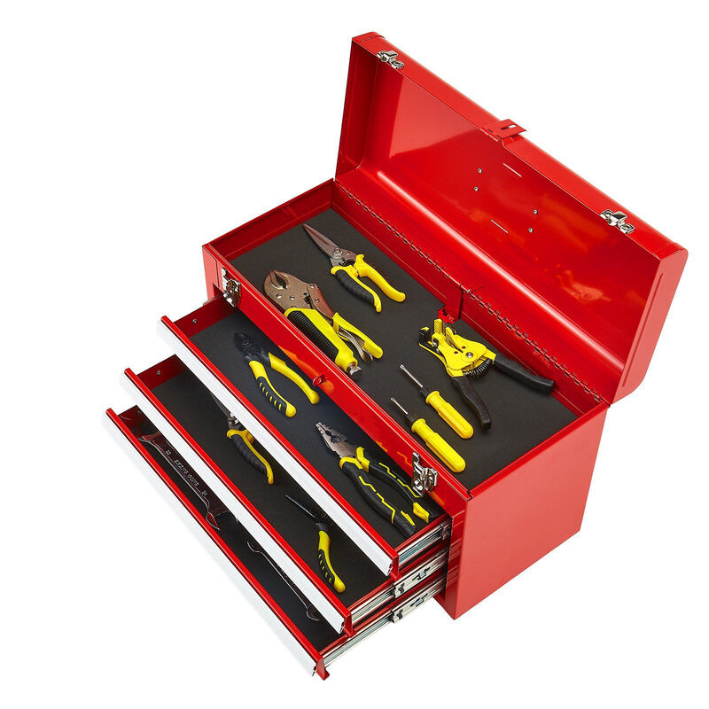 Metal Tool Box with 3 Drawers, Locking Small Tool Chest with EVA Lined Storage-Red image number 8
