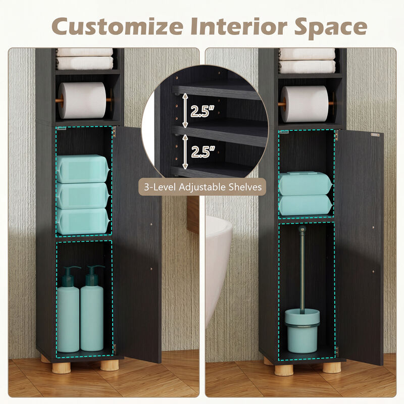Freestanding Narrow Bathroom Cabinet with Open Shelves and Toilet Paper Holder image number 4