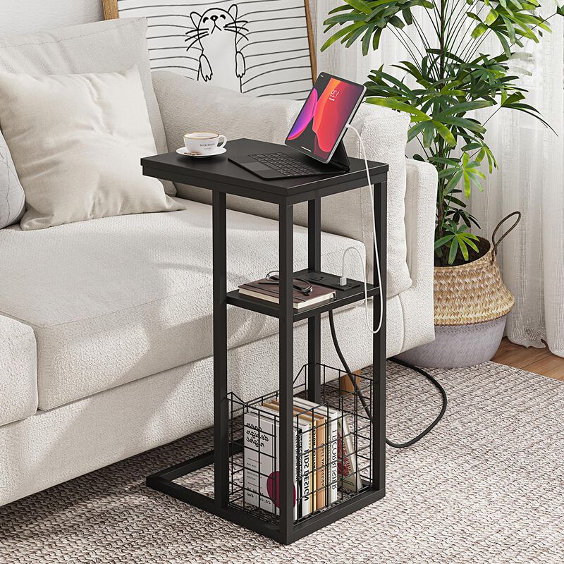 Vagusicc C Shaped End Table with Charging Station, Side Table for Couch, Small Side End Table for Small Spaces, 28"" High Slide