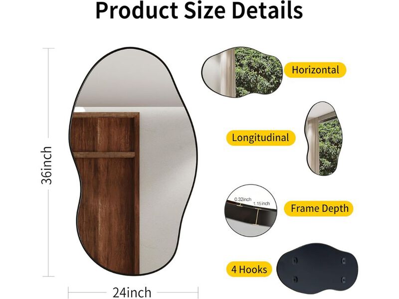 Black Wavy Irregular Wall Mirror 36x24 Inch Decorative Alloy Frame Mirror image number 2